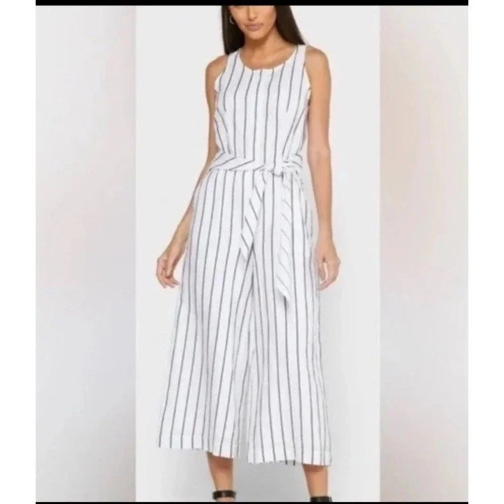 BR Women's Striped‎ White Wide Leg  Button Tie Front Cotton Jumpsuit 6